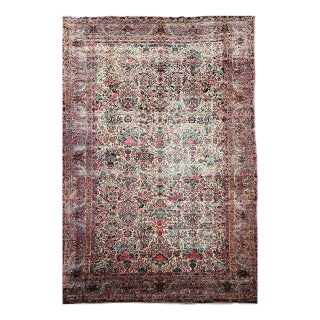 Vintage Oversized Persian Kerman Lavar Rug, Hand-Knotted Wool, Allover Floral Vase Pattern, Ivory & Turquoise,9x14 For Sale