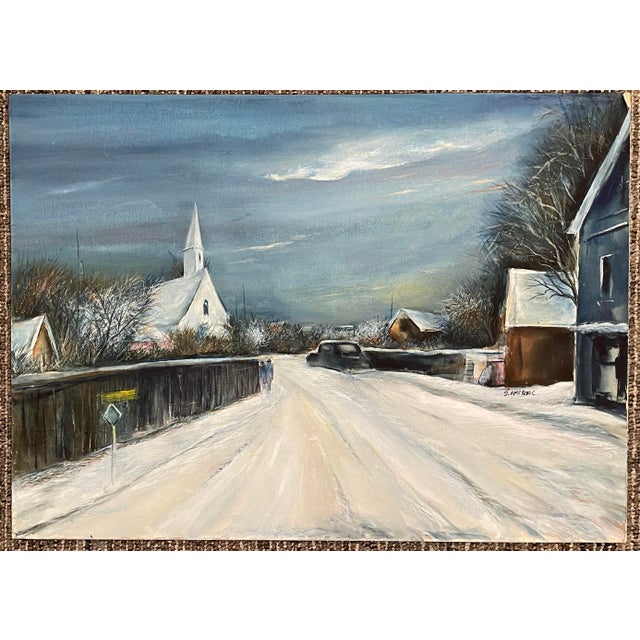 Snowy village by Virginia artist Arthur Sembler (1911/12-1979). Gouache on artist board, signed lower left and on the...
