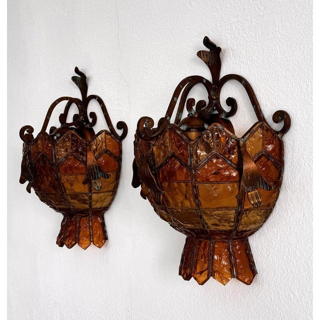 Sconces in Wrought Iron and Hammered Glass attributed to Longobard, Italy, 1970s, Set of 2 For Sale - Image 8 of 16