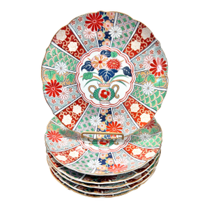 Vintage Japanese Imari 22k Gold Dinner Plates – Hand Painted Japanese Floral Vase Panel Design - Set of 6