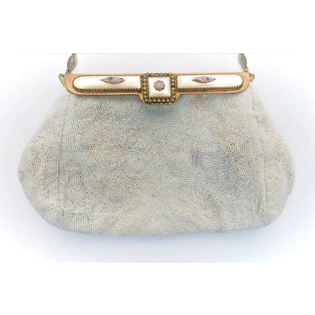 Art Deco Vintage White Beaded Handbag With Pastel Enamel, Circa Mid-20th Century, Europe For Sale - Image 3 of 17