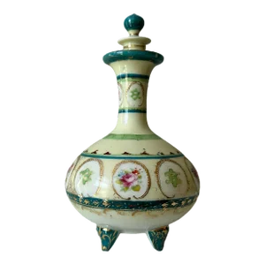 Antique Hand Painted Edwardian Footed Decanter W/Roses - Teal Green Gold