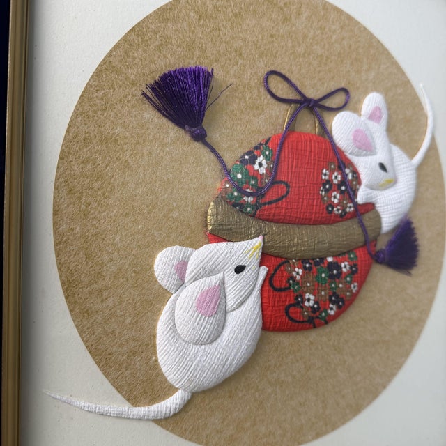 Glass Japanese Framed Shishigiyo Textile Art with Mice and Temari Ball, 1980s For Sale - Image 7 of 10