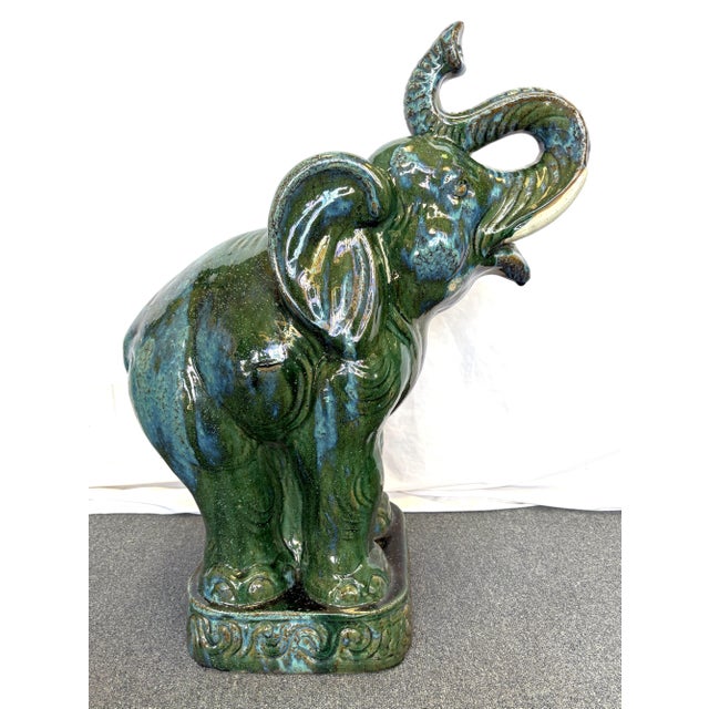 1970's Hollywood Regency Large Green Glaze Ceramic Elephant Symbolizing Good Fortune and Positive Energy For Sale - Image 4 of 14