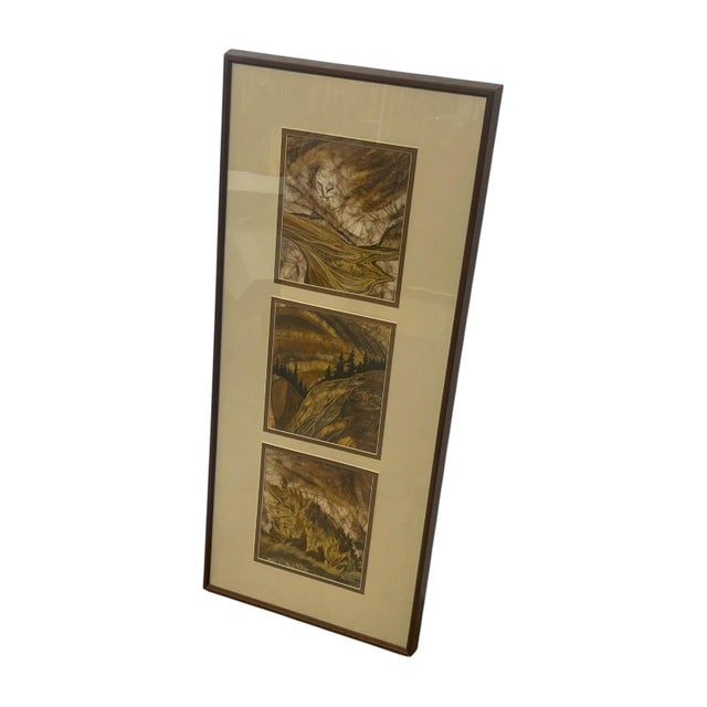 Abstract 1970s Louise "Lou" Wilson Signed Batik Art Triptych, Framed Nature and Wildlife Landscape.. For Sale - Image 3 of 10