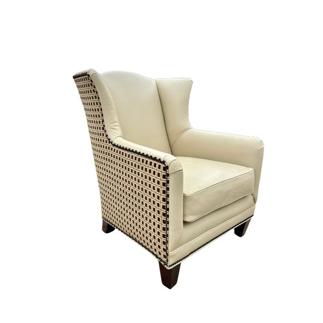 Henredon Vintage Henredon Acquisitions Collection Leather Wingback Chairs – Ivory Leather, Geometric Upholstery & Nailhead Trim For Sale - Image 4 of 12