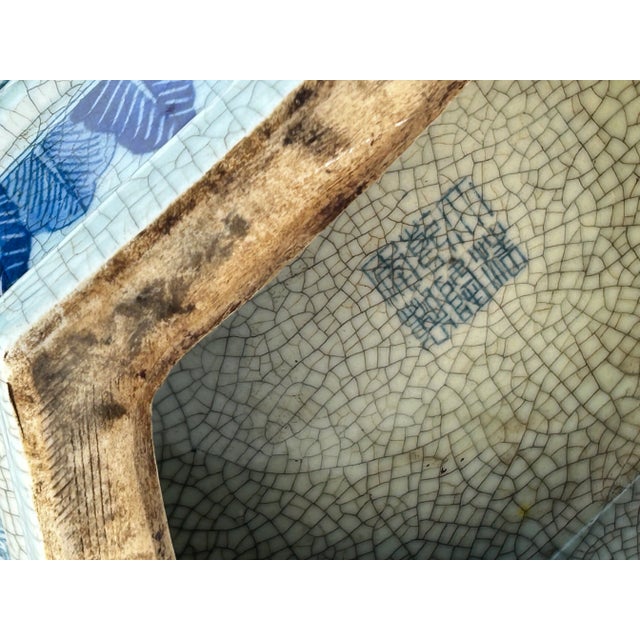 Vintage Chinese Off White Blue Flower Graphic Hexagonal Porcelain Vase For Sale - Image 10 of 10