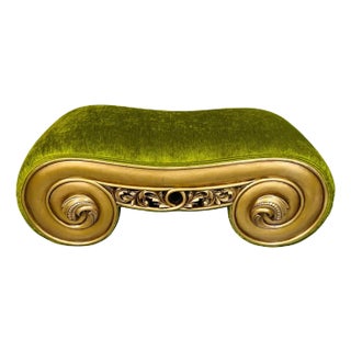 Hollywood Regency Scrolled Velvet & Gold-Gilt Ionic Capital Upholstered Bench For Sale