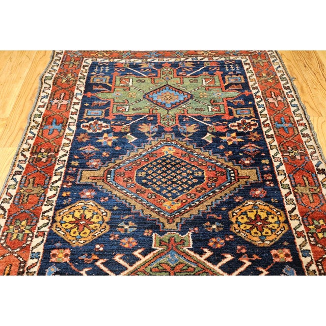 Vintage Heriz Serapi Runner Rug, Hand-Knotted Wool, Geometric Medallion Pattern, Navy, 3x12 For Sale - Image 15 of 16