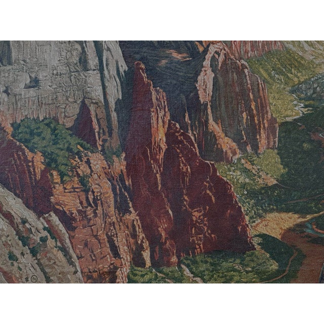 Textile Antique Oil Painting Observation Point Zion Park Utah by Plath For Sale - Image 7 of 8