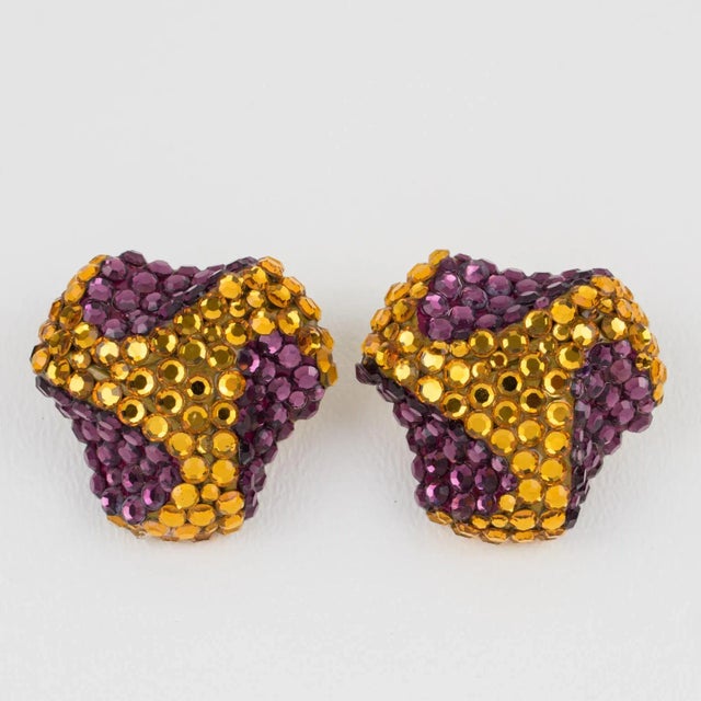 Contemporary Richard Kerr Purple and Topaz Jeweled Paved Pair of Clip Earrings For Sale - Image 3 of 6