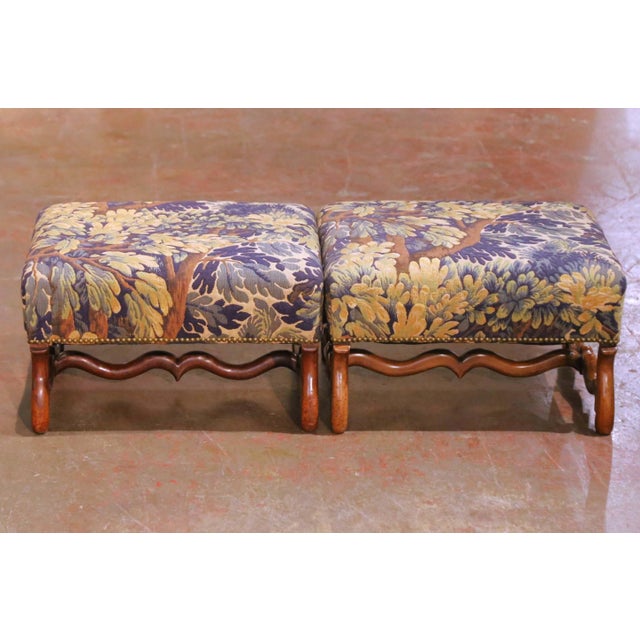 French Pair of 19th Century French Louis XIII Walnut Stools With Tapestry Upholstery For Sale - Image 3 of 8