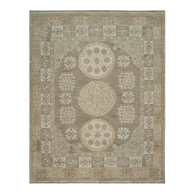 9x12 Gray Hand-Knotted Wool Rosette Medallions Geometric Modern Carpet Rug For Sale