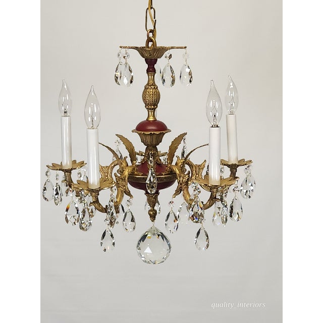 Antique 5 Arm Petite Oxblood Empire Brass Cut Lead Glass Crystal Chandelier For Sale - Image 15 of 18
