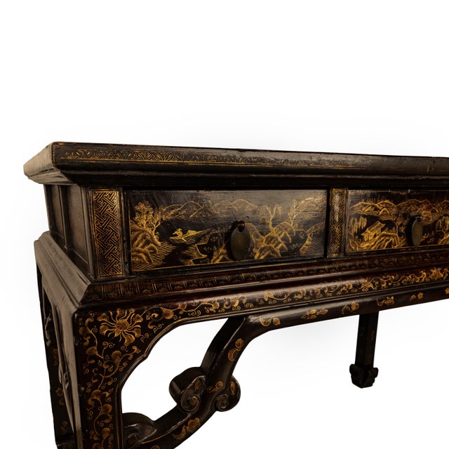 Antique Chinese Qing Dynasty Export Gilt Black Lacquer Table 3 Drawer Desk 1850 For Sale - Image 9 of 11