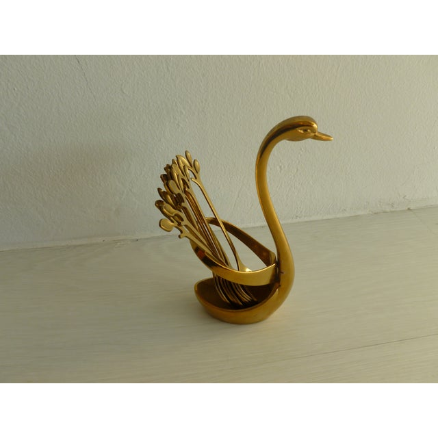 1970s Vintage 1970's Brass Plated Metal Swan Vessel Bowl With !0 Serving Spoons For Sale - Image 5 of 17