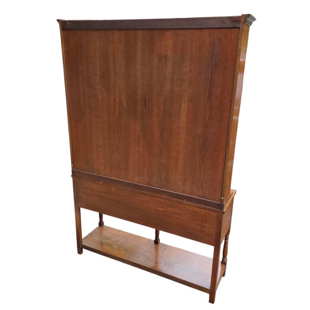 Wood Late 20th Century Baker Furniture Georgian-Style Carved Oak Welsh Dresser With Open Plate Rack [2-Part], Brass Bail Hardware and Turned Supports For Sale - Image 7 of 15