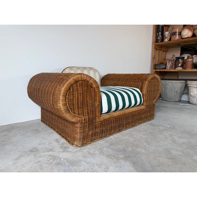 1970s Vintage Coastal Organic - Rattan Armchair With Rolled Arms & Striped Cushions For Sale In Miami - Image 6 of 15
