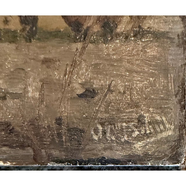 A vigorous plein air oil — a cluster of Dutch or Belgian farm buildings with thatched and tiled roofs huddled against a...