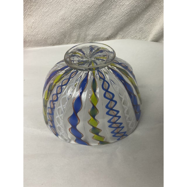 Mid century MURANO Latticino bowl in blue, green with gold. Very fine art glass with scalloped top. Beautifully crafted...