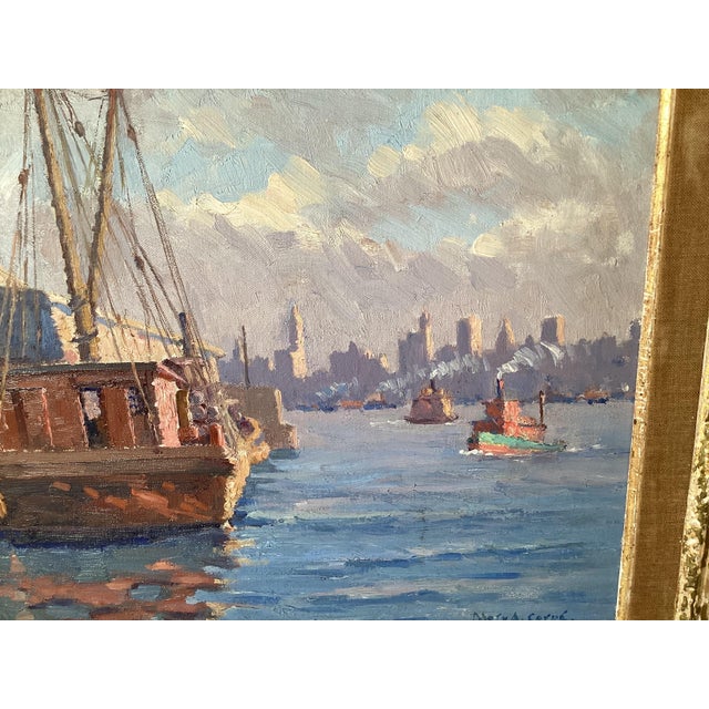 Impressionist Impressionist Oil Painting on Board of City Harbor Scene in Original Frame For Sale - Image 3 of 9