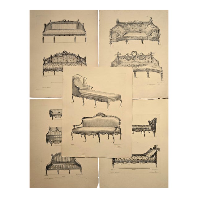 Very Rare-1878- Set of 5 French Antique Interior Furniture Design Lithographs-Setees, Documentation For Sale