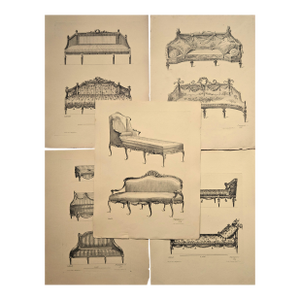 Very Rare-1878- Set of 5 French Antique Interior Furniture Design Lithographs-Setees, Documentation