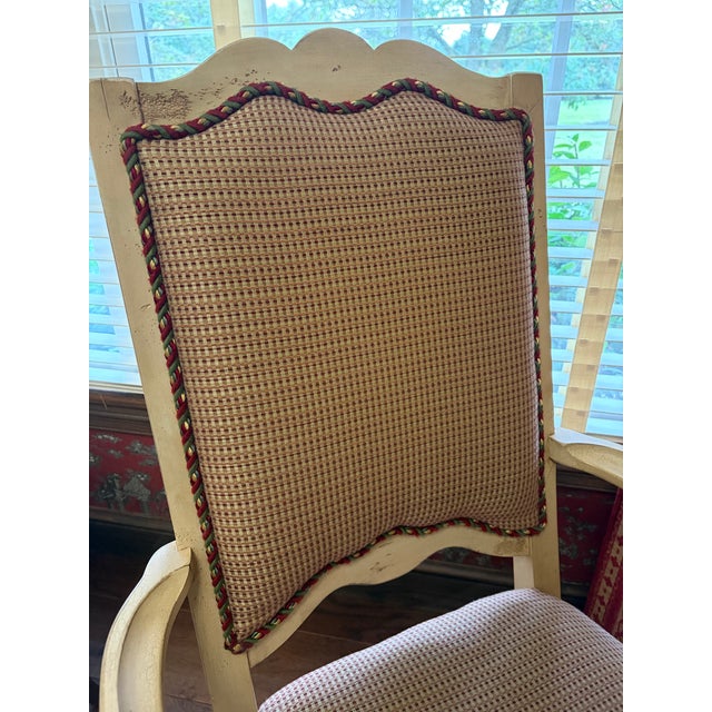 Century Furniture Century Furniture Ladderback Arm Accent Chair in Distressed Ivory Finish, With Custom Upholstered Contrast Fabric and Decorative Welt Details. For Sale - Image 4 of 9