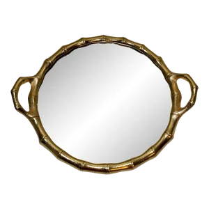 Gold Metal Faux Bamboo Round Mirror Tray With Side Handles