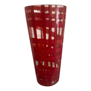 1990s Italian Murano Glass Vase in Red and Clear, Hand Blown Venetian Glass Artworks
