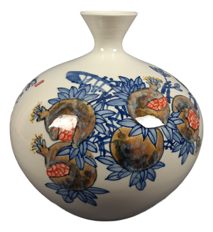 Glazed Ceramic Vase with Pomegranates, Birds, and Chinese Calligraphy, 1950s