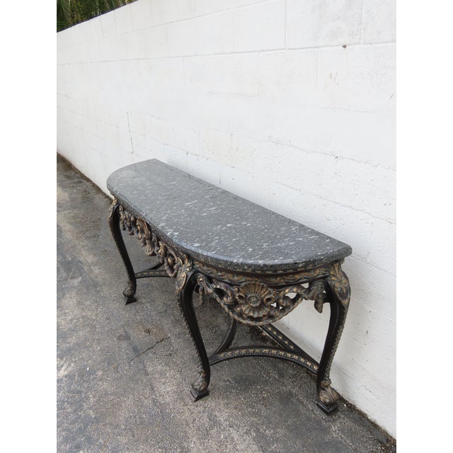 French Painted Black Heavy Carved Marble Top Large Long Console Entry Table 6381 For Sale - Image 12 of 12