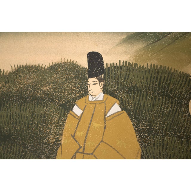 Goldenrod C. 1960s "The Tale of Genji", Showa Era Japanese Painted Silk Byobu Screen For Sale - Image 8 of 18