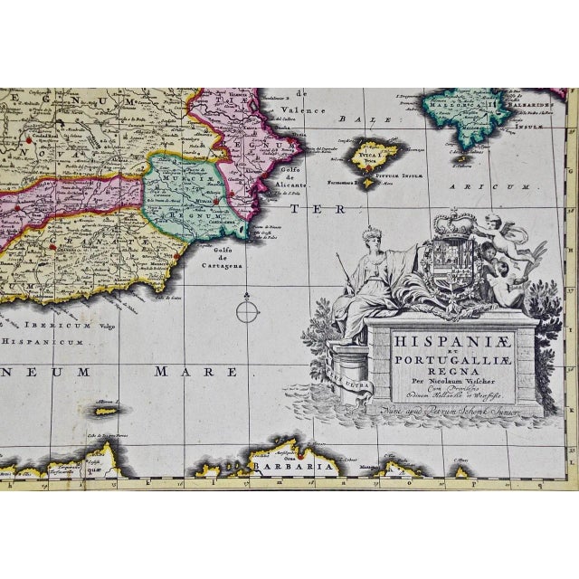 Paper Spain and Portugal: An 18th Century Hand Colored Map by Visscher For Sale - Image 7 of 12