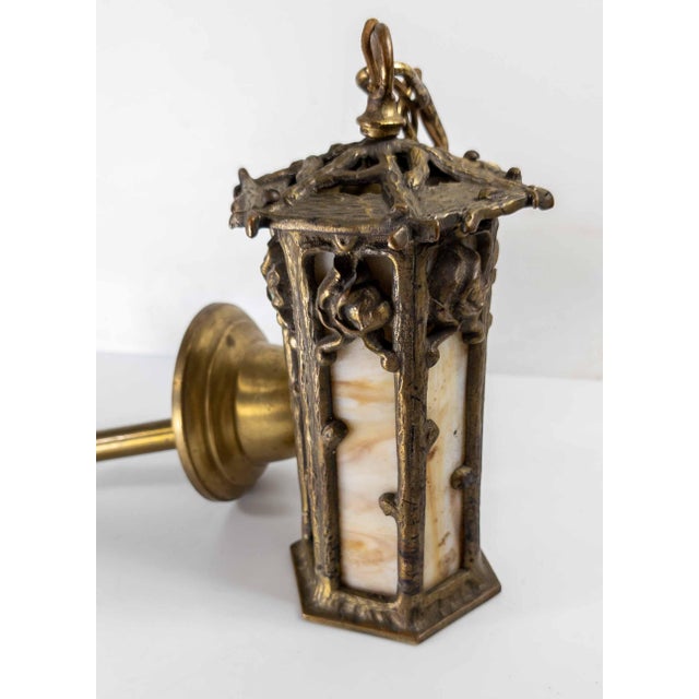 1910s 20th Century Arts & Crafts Brass and Slag Glass Gothic Tudor Revival Pendant Light For Sale - Image 5 of 15