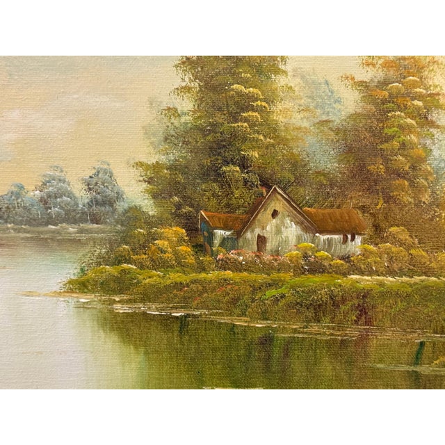 Realism Golden haze settles on calm waters, holding a cottage in quiet reverie 1975 Circa For Sale - Image 3 of 18