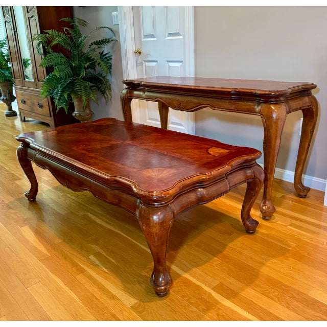 French Provincial 1990s Traditional French Provincial Style Inlaid Burl Wood Coffee & Sofa Table Set - 2 Pieces For Sale - Image 3 of 11