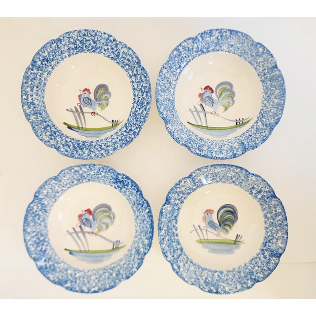 Set of 4 Laurie Gates Los Angeles Pottery Soup bowls with rooster motifs. Featuring the highly collectible Blue Stipple...