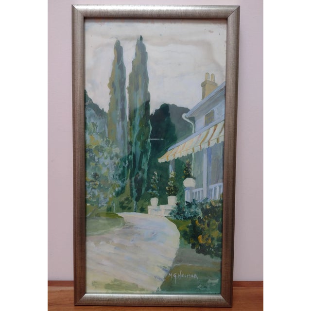 Paper Vintage Impressionist House and Trees Green Painting, Framed For Sale - Image 7 of 7