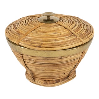 Mid-Century Decorative Box in Rattan and Brass, Italy, 1970s For Sale