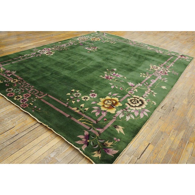 Art Deco 1920s Green Floral Modern Antique Chinese Art Deco Rug 9' X 11' 6" Handknotted Wool Carpet For Sale - Image 3 of 6