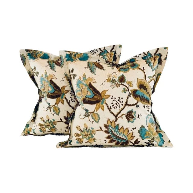 Traditional P Kaufmann Waverly Brown Cream Teal Tan Botanical Jacobean Leaf Vine Fabric Sample For Sale - Image 3 of 4