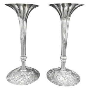 Art Nouveau Japanese Sterling Silver Fluted Iris Vases