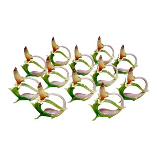 Vintage Minimalist Japanese Hollywood Regency Majolica Butterfly Flora Porcelain Napkin Rings - Set of 12 For Sale