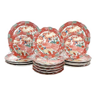 1980s Gumps of San Francisco Imari Orange & Green Porcelain Dinnerware Plates- Set of 16 For Sale