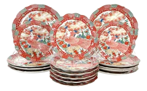 1980s Gumps of San Francisco Imari Orange & Green Porcelain Dinnerware Plates- Set of 16