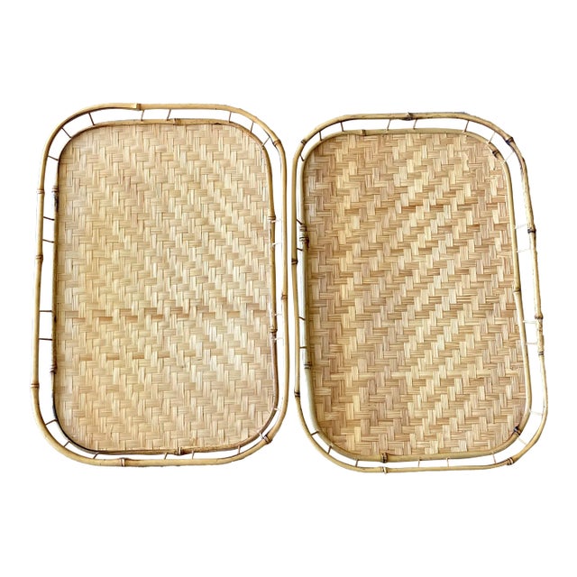 Circa 1970 Rattan & Bamboo Wooden Bottom Tiki Trays – a Pair For Sale