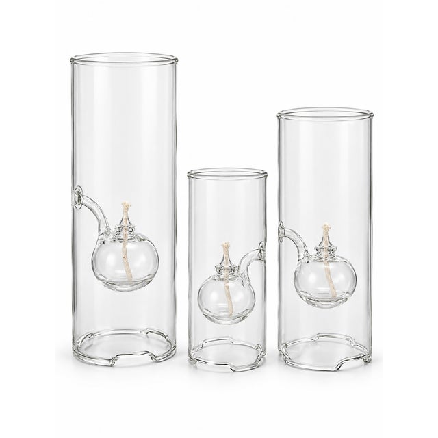 Late 20th Century Set of Three Wolfard Hand-Blown Cylindrical Clear Glass Oil Lamps For Sale
