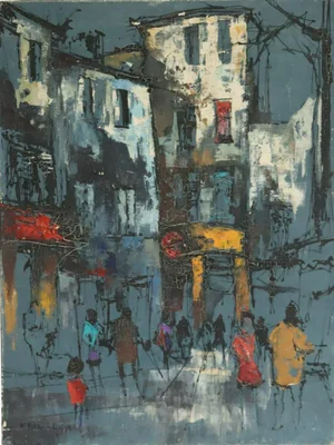 Mid Century Abstract Painting of Paris Street Scene