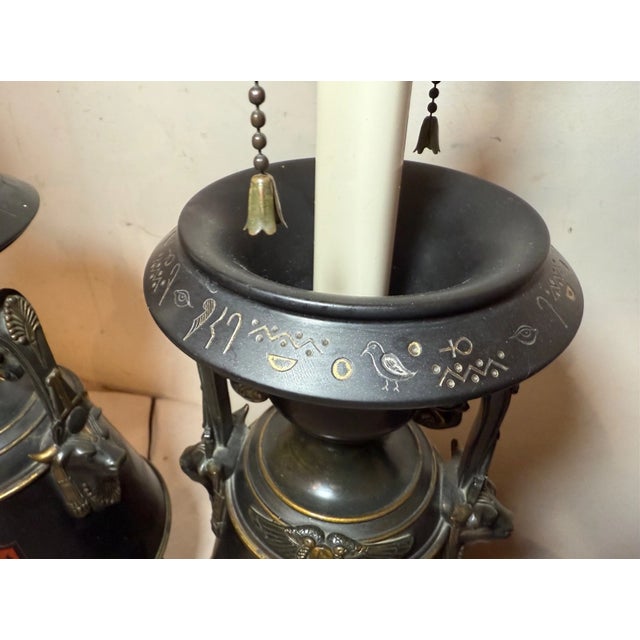 Metal Antique Egyptian Revival Figural Bronze Marble Urn Ewer Table Lamps - a Pair For Sale - Image 7 of 18